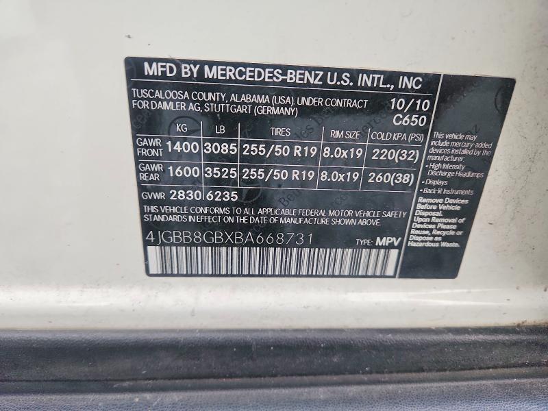 Aukcja sprzedaży 2011 Mercedes-benz Ml, vin: 4JGBB8GBXBA668731, numer aukcji: 63840946