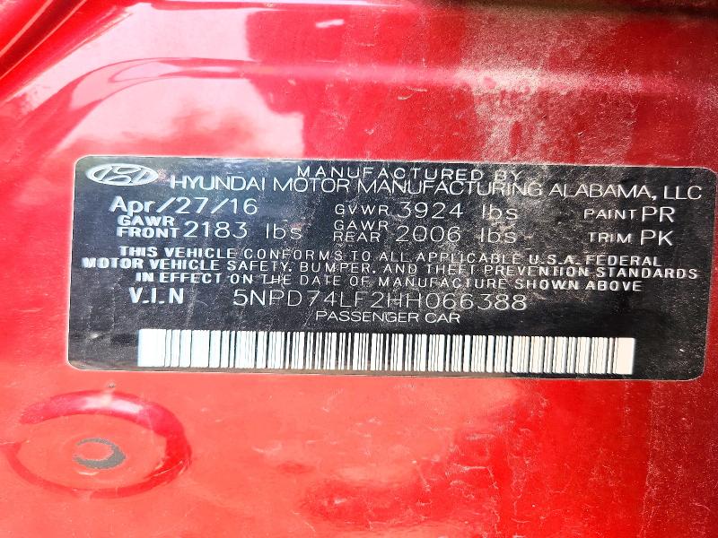 64657926 :رقم المزاد ، 5NPD74LF2HH066388 vin ، 2017 Hyundai Elantra مزاد بيع