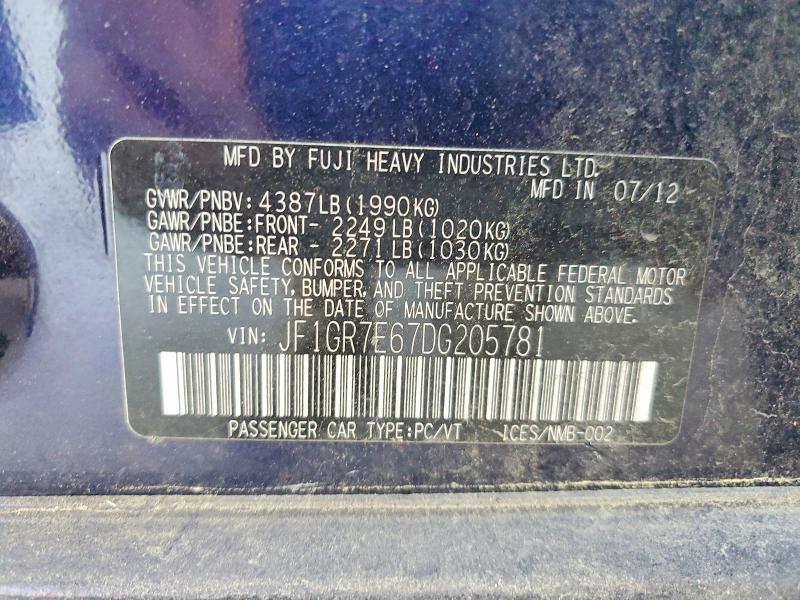 2013 Subaru Impreza მანქანა იყიდება აუქციონზე, vin: JF1GR7E67DG205781, აუქციონის ნომერი: 66487616