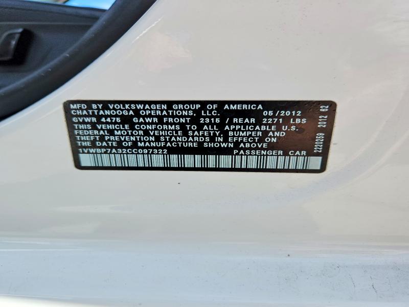 Продажа на аукционе авто 2012 Volkswagen Passat, vin: 1VWBP7A32CC097322, номер лота: 66440546
