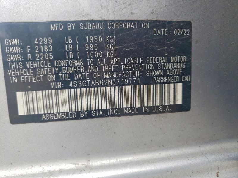 65458546 :رقم المزاد ، 4S3GTAB62N3719771 vin ، 2022 Subaru Impreza مزاد بيع