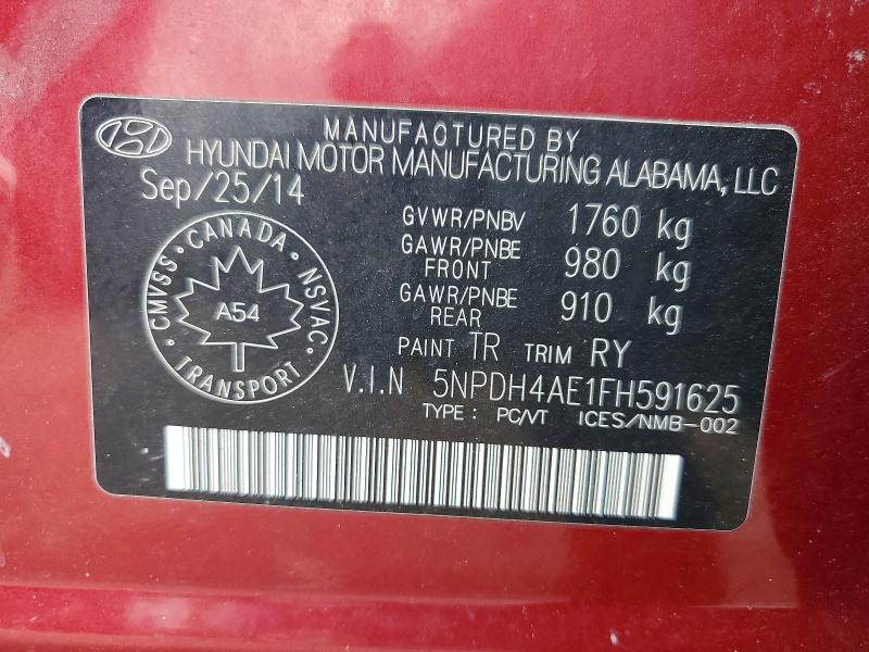 64104826 :رقم المزاد ، 5NPDH4AE1FH591625 vin ، 2015 Hyundai Elantra مزاد بيع