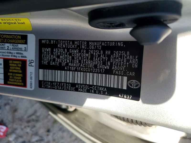 Продаж на аукціоні авто 2012 Toyota Camry, vin: 4T1BF1FK0CU122517, номер лоту: 65541606