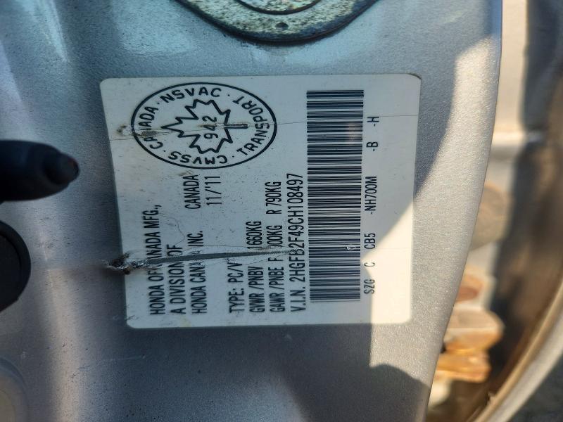 63567626 :رقم المزاد ، 2HGFB2F49CH108497 vin ، 2012 Honda Civic مزاد بيع