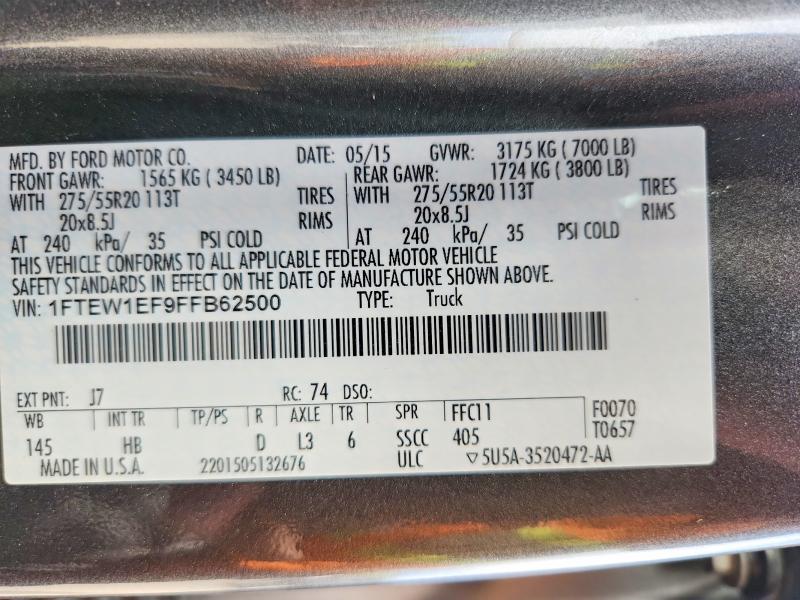 2015 Ford F150 მანქანა იყიდება აუქციონზე, vin: 1FTEW1EF9FFB62500, აუქციონის ნომერი: 66374176