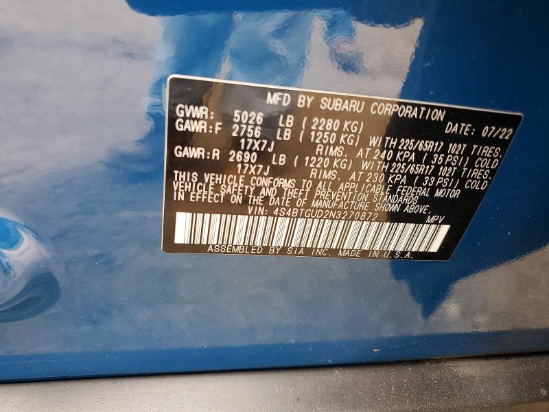 64955356 :رقم المزاد ، 4S4BTGUD2N3270872 vin ، 2022 Subaru Outback مزاد بيع