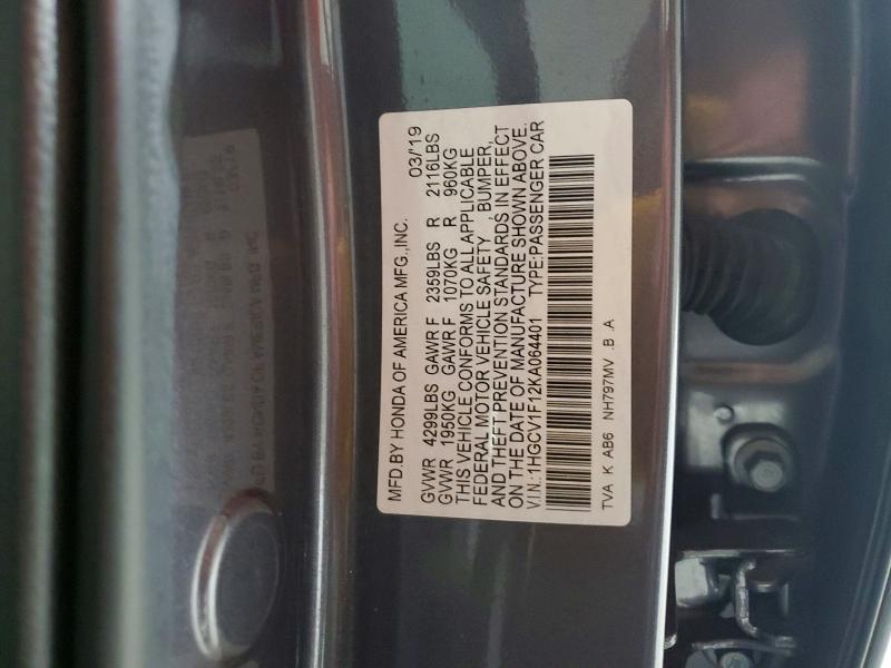 Продаж на аукціоні авто 2019 Honda Accord, vin: 1HGCV1F12KA064401, номер лоту: 63408586
