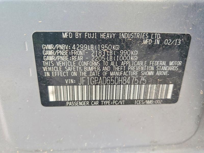 Auction sale of the 2013 Subaru Impreza, vin: JF1GPAD65DH847575, lot number: 66067866