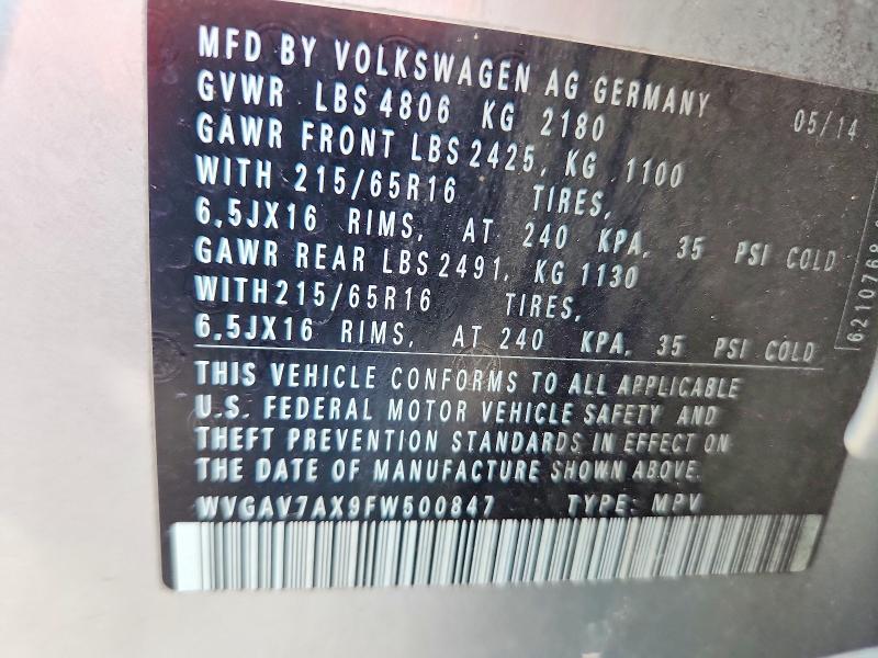 2015 Volkswagen Tiguan მანქანა იყიდება აუქციონზე, vin: WVGAV7AX9FW500847, აუქციონის ნომერი: 66118566