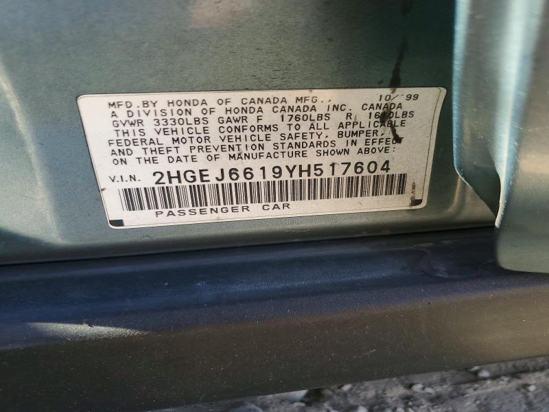 Aukcja sprzedaży 2000 Honda Civic, vin: 2HGEJ6619YH517604, numer aukcji: 63902336