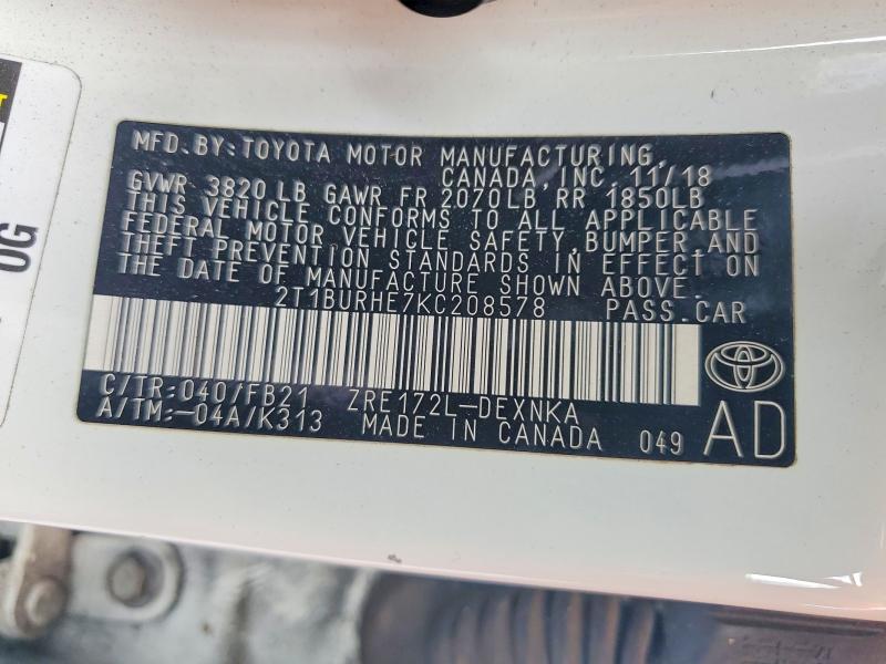 2019 Toyota Corolla მანქანა იყიდება აუქციონზე, vin: 2T1BURHE7KC208578, აუქციონის ნომერი: 65597196