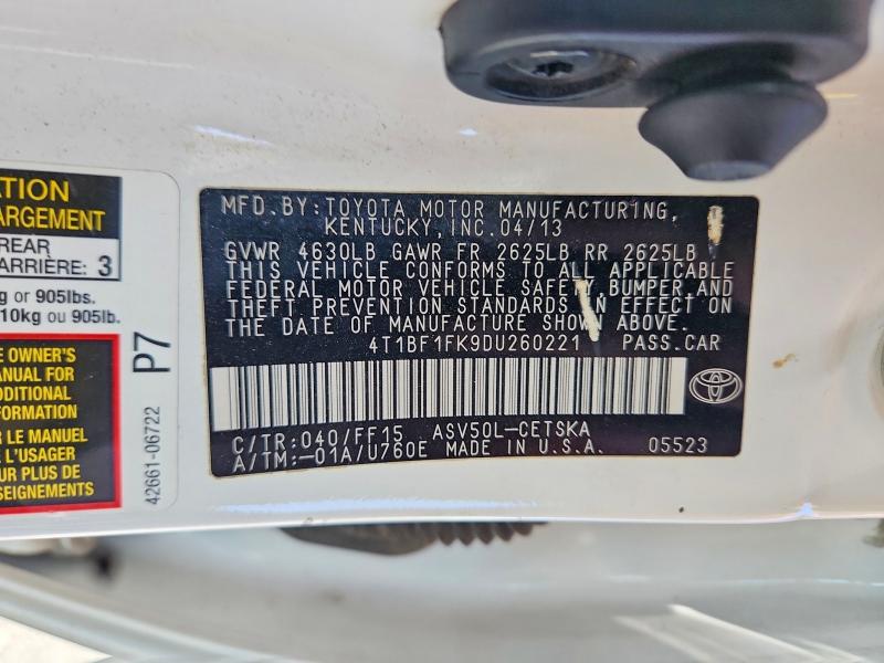 2013 Toyota Camry მანქანა იყიდება აუქციონზე, vin: 4T1BF1FK9DU260221, აუქციონის ნომერი: 64149056