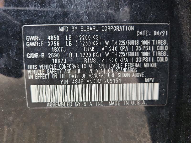 Aukcja sprzedaży 2021 Subaru Outback, vin: 4S4BTANC0M3209151, numer aukcji: 65887996