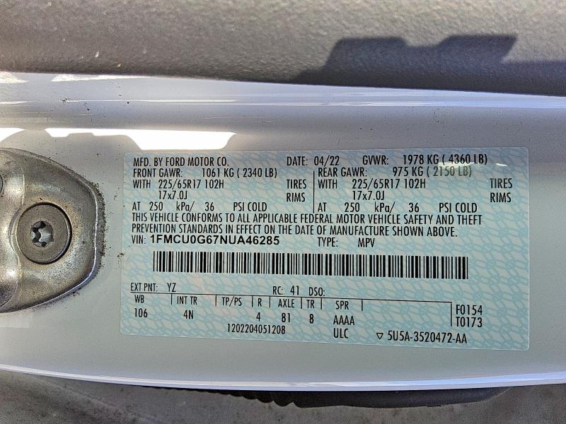 Aukcja sprzedaży 2022 Ford Escape, vin: 1FMCU0G67NUA46285, numer aukcji: 62285786