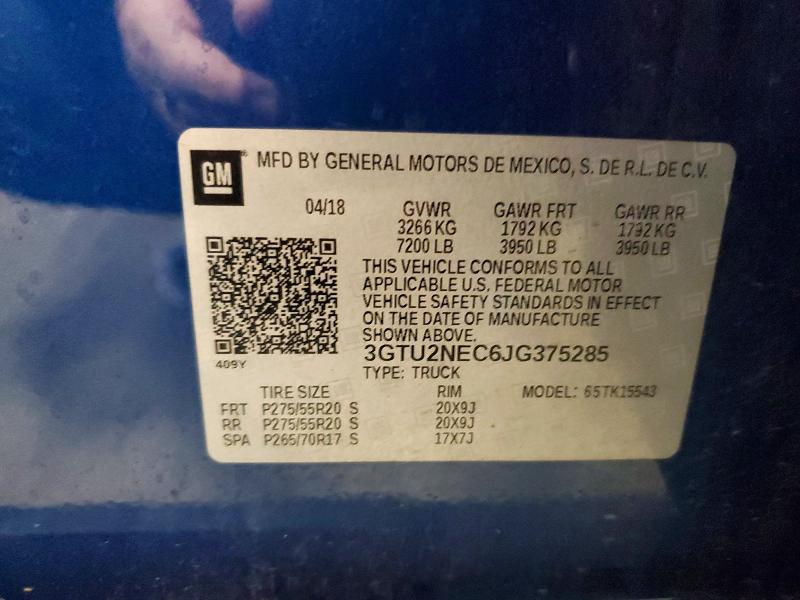 65167206 :رقم المزاد ، 3GTU2NEC6JG375285 vin ، 2018 Gmc Sierra مزاد بيع
