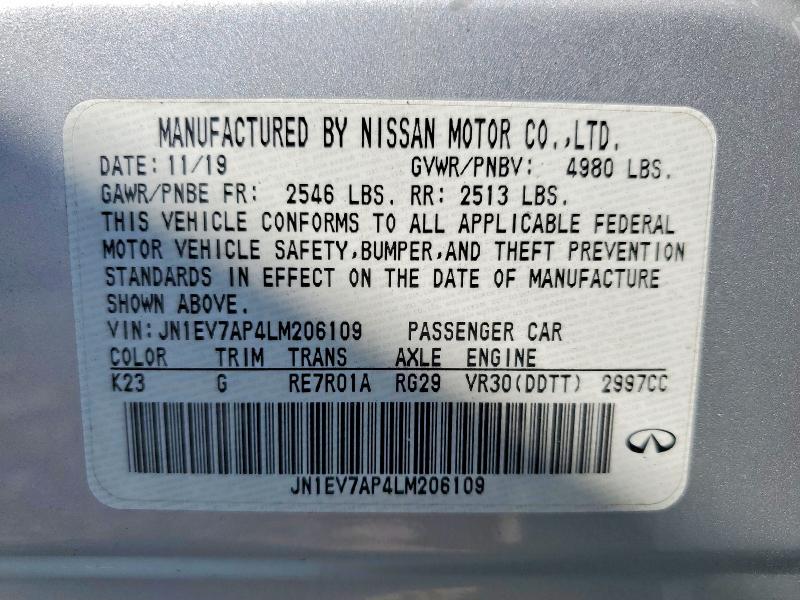 66429666 :رقم المزاد ، JN1EV7AP4LM206109 vin ، 2020 Infiniti Q50 مزاد بيع