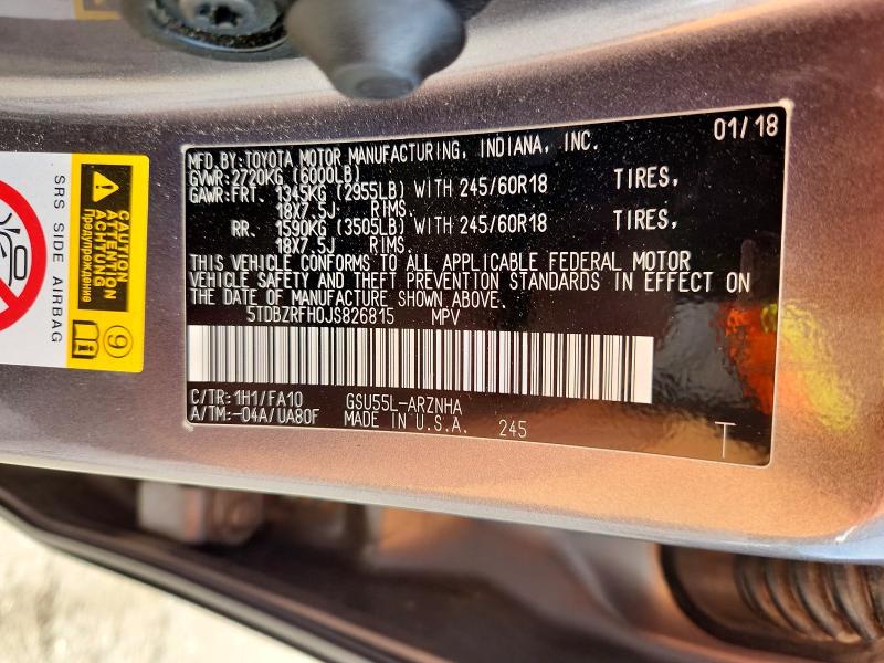 67106036 :رقم المزاد ، 5TDBZRFH0JS826815 vin ، 2018 Toyota Highlander مزاد بيع