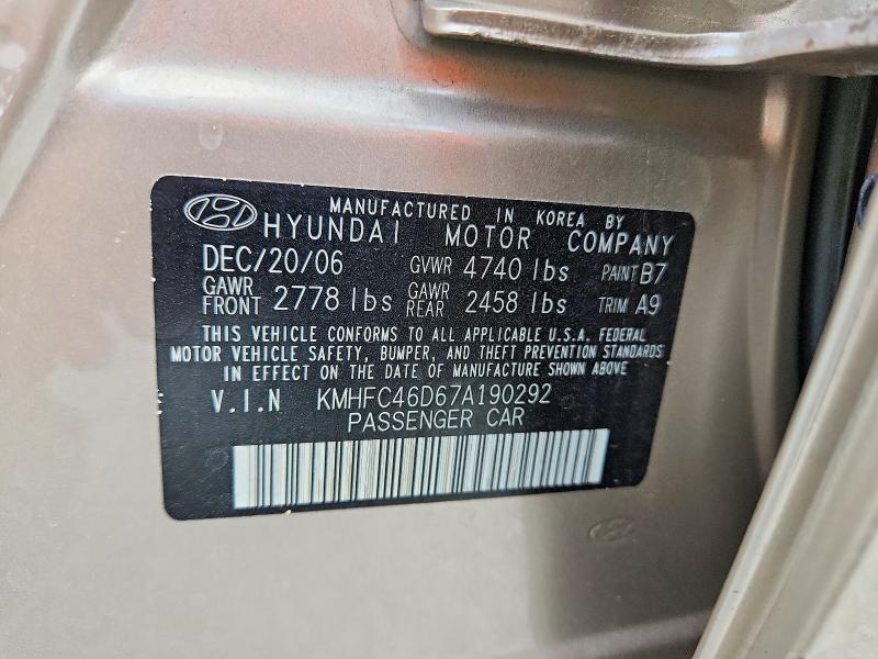 67070036 :رقم المزاد ، KMHFC46D67A190292 vin ، 2007 Hyundai Azera مزاد بيع
