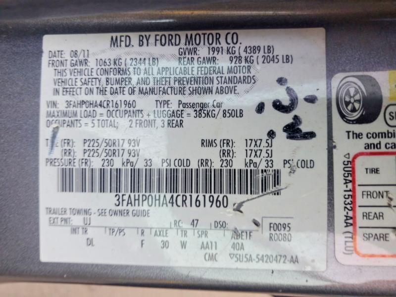 Aukcja sprzedaży 2012 Ford Fusion, vin: 3FAHP0HA4CR161960, numer aukcji: 66920976