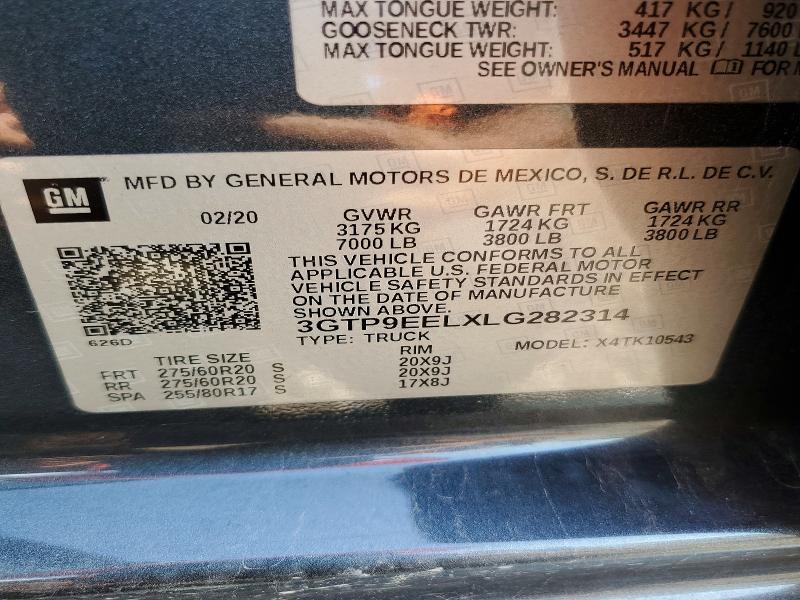 2020 Gmc Sierra მანქანა იყიდება აუქციონზე, vin: 3GTP9EELXLG282314, აუქციონის ნომერი: 63175156