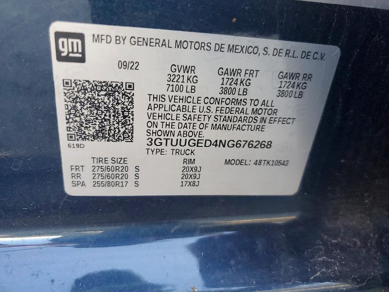 Продажа на аукционе авто 2022 Gmc Sierra, vin: 3GTUUGED4NG676268, номер лота: 65688376
