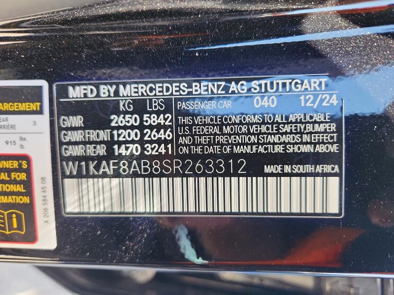 2025 Mercedes-benz C მანქანა იყიდება აუქციონზე, vin: W1KAF8AB8SR263312, აუქციონის ნომერი: 65148246