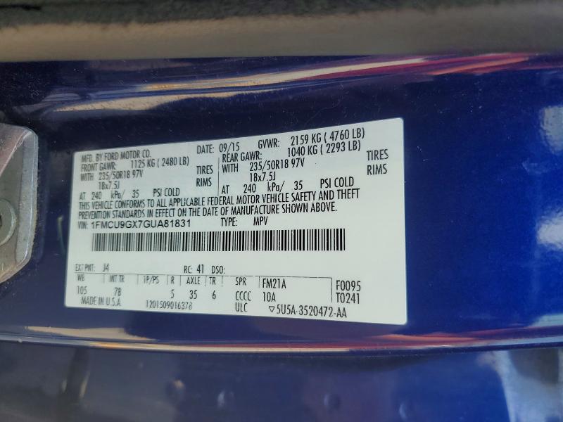 2016 Ford Escape მანქანა იყიდება აუქციონზე, vin: 1FMCU9GX7GUA81831, აუქციონის ნომერი: 62106926