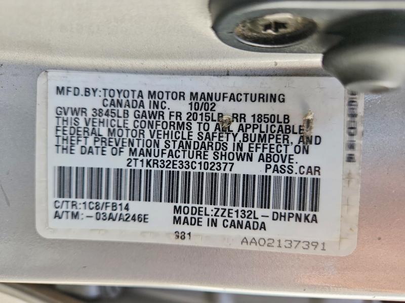 63446786 :رقم المزاد ، 2T1KR32E33C102377 vin ، 2003 Toyota Matrix مزاد بيع