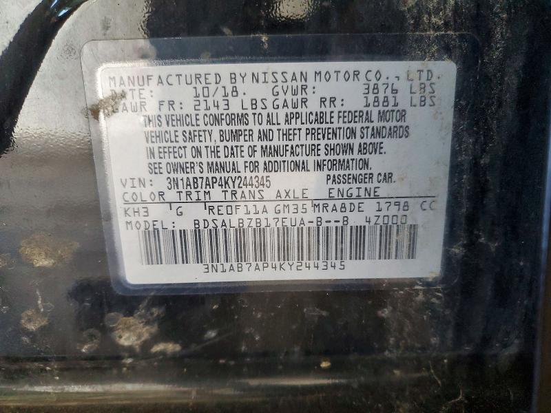 65863786 :رقم المزاد ، 3N1AB7AP4KY244345 vin ، 2019 Nissan Sentra مزاد بيع