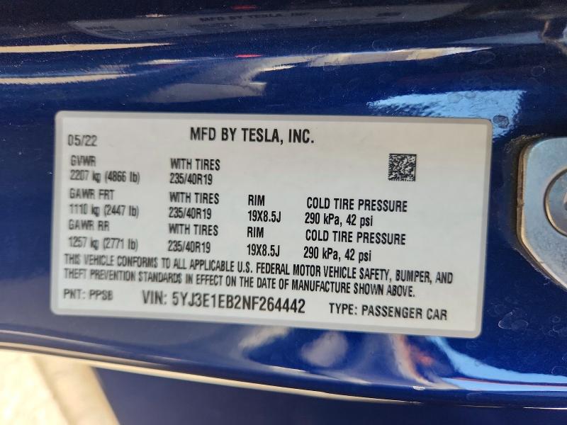 Aukcja sprzedaży 2022 Tesla Model 3, vin: 5YJ3E1EB2NF264442, numer aukcji: 64821706