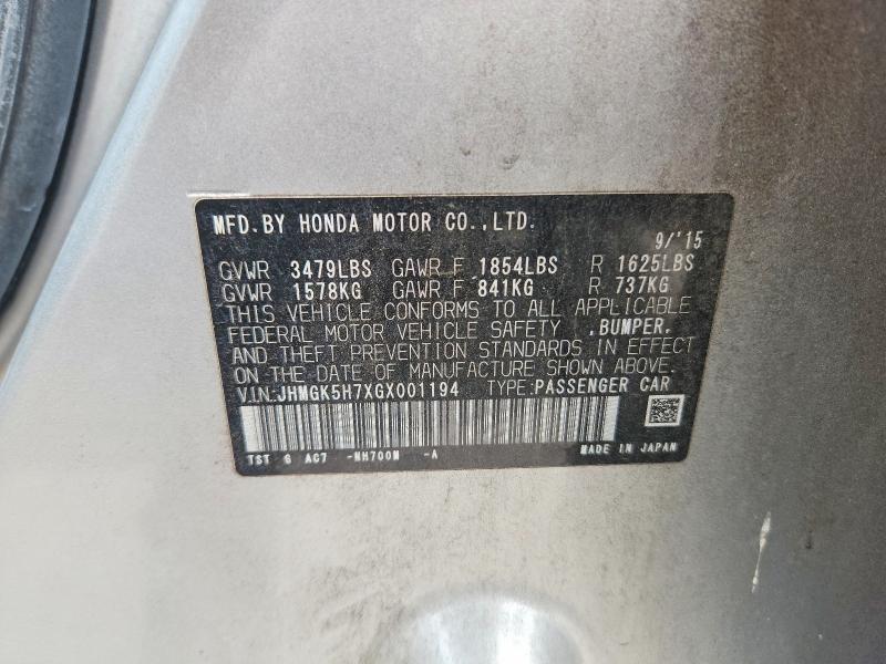 2016 Honda Fit მანქანა იყიდება აუქციონზე, vin: JHMGK5H7XGX001194, აუქციონის ნომერი: 66470526