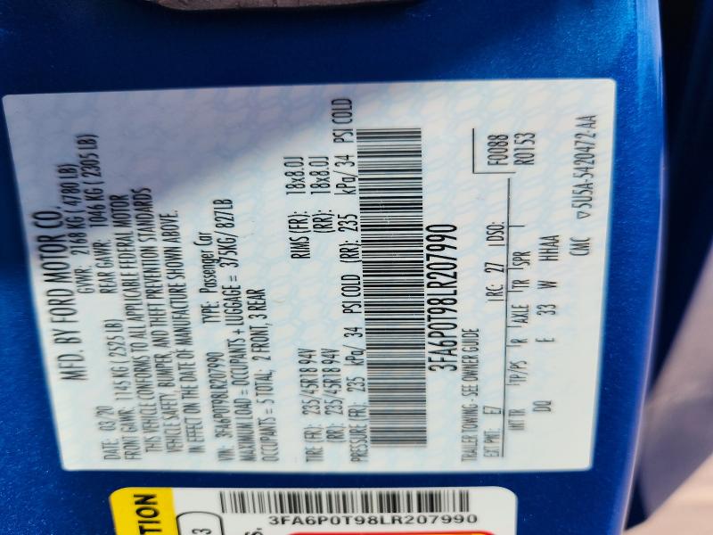64227036 :رقم المزاد ، 3FA6P0T98LR207990 vin ، 2020 Ford Fusion مزاد بيع