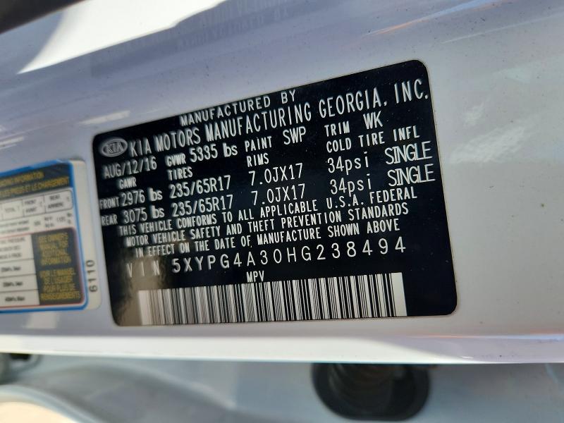 65465856 :رقم المزاد ، 5XYPG4A30HG238494 vin ، 2017 Kia Sorento مزاد بيع