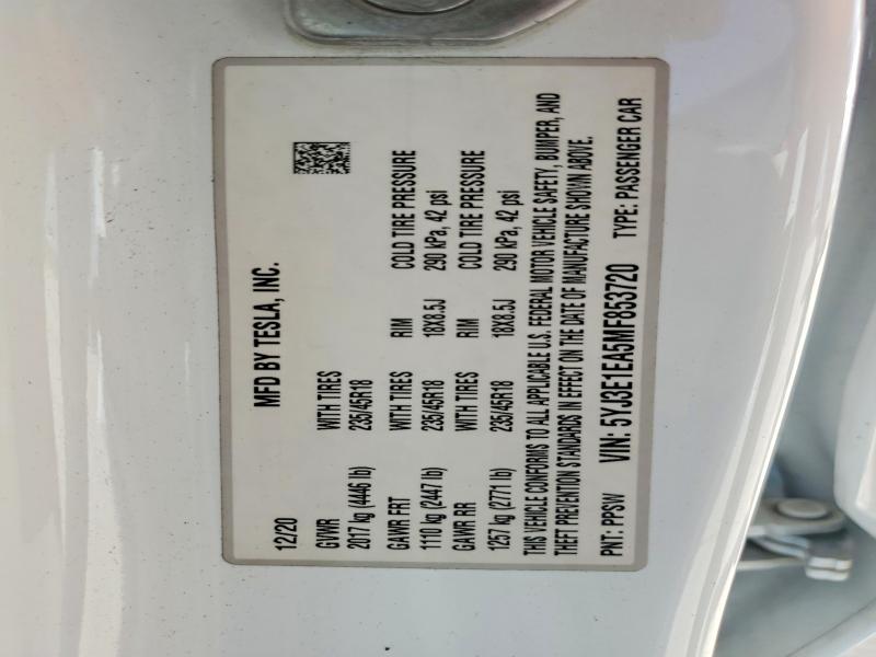2021 Tesla Model 3 მანქანა იყიდება აუქციონზე, vin: 5YJ3E1EA5MF853720, აუქციონის ნომერი: 65264816