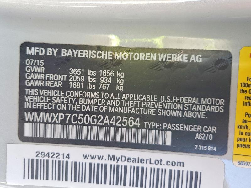 2016 Mini Cooper მანქანა იყიდება აუქციონზე, vin: WMWXP7C50G2A42564, აუქციონის ნომერი: 63212166