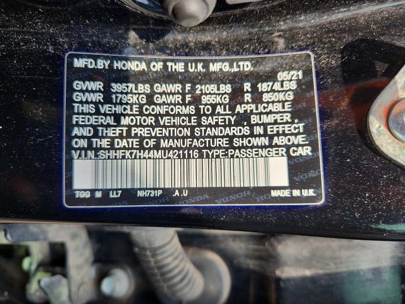 2021 Honda Civic მანქანა იყიდება აუქციონზე, vin: SHHFK7H44MU421116, აუქციონის ნომერი: 65609446