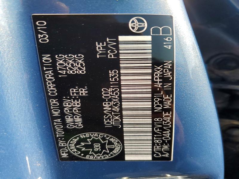 Продаж на аукціоні авто 2010 Toyota Yaris, vin: JTDKT4K3XA5311535, номер лоту: 64033856