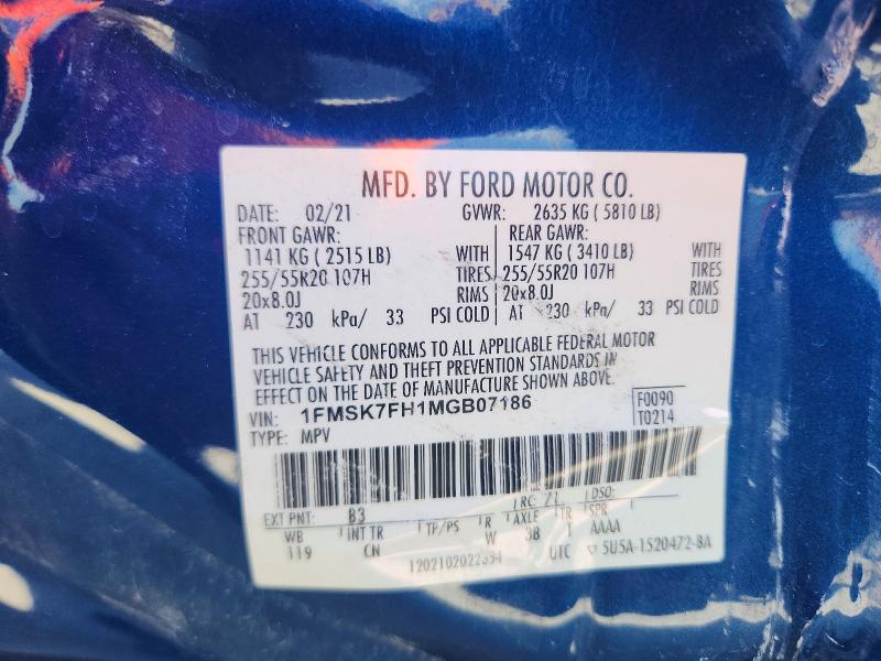 2021 Ford Explorer მანქანა იყიდება აუქციონზე, vin: 1FMSK7FH1MGB07186, აუქციონის ნომერი: 66721966