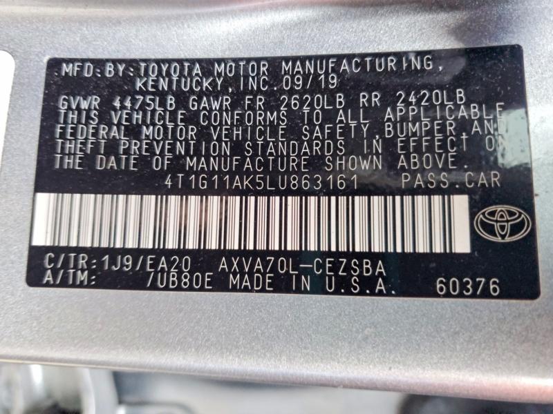 64757856 :رقم المزاد ، 4T1G11AK5LU863161 vin ، 2020 Toyota Camry مزاد بيع