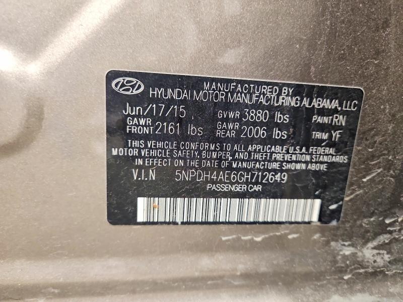 2016 Hyundai Elantra მანქანა იყიდება აუქციონზე, vin: 5NPDH4AE6GH712649, აუქციონის ნომერი: 65977146