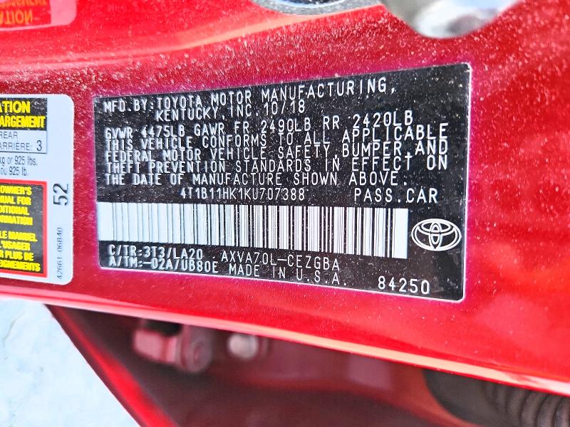 2019 Toyota Camry მანქანა იყიდება აუქციონზე, vin: 4T1B11HK1KU707388, აუქციონის ნომერი: 67346626