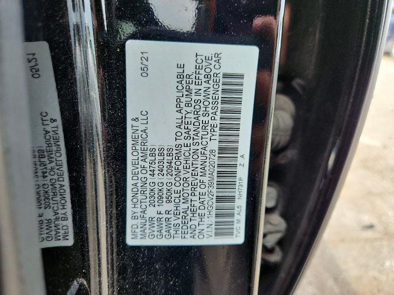 2021 Honda Accord მანქანა იყიდება აუქციონზე, vin: 1HGCV2F39MA020728, აუქციონის ნომერი: 62675966