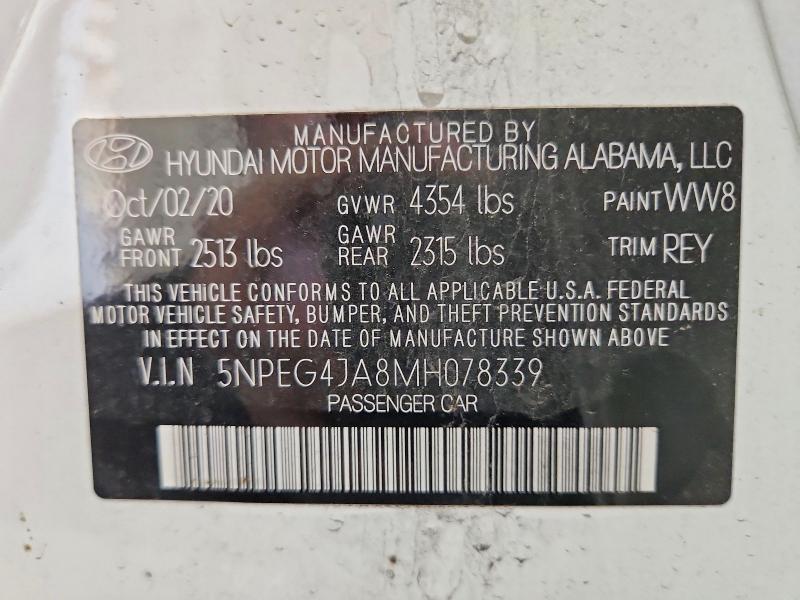 2021 Hyundai Sonata მანქანა იყიდება აუქციონზე, vin: 5NPEG4JA8MH078339, აუქციონის ნომერი: 65920106
