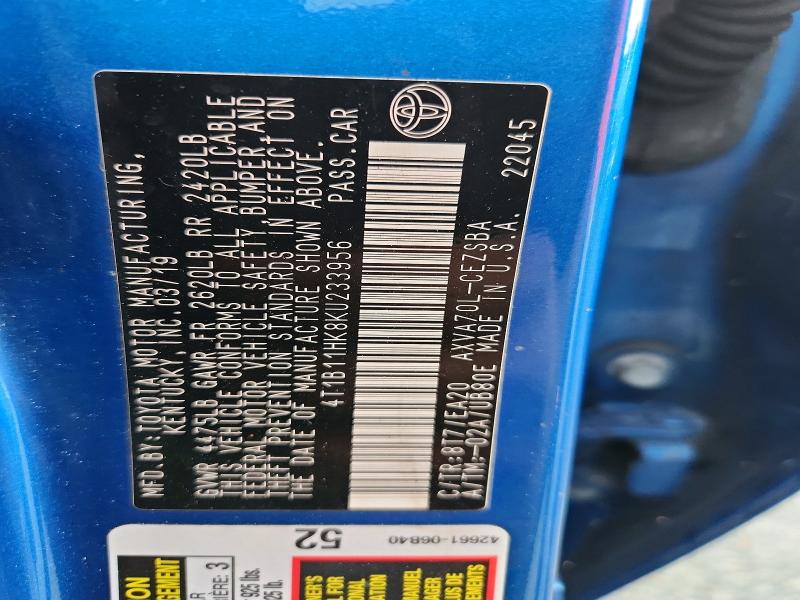 2019 Toyota Camry მანქანა იყიდება აუქციონზე, vin: 4T1B11HK8KU233956, აუქციონის ნომერი: 66926866