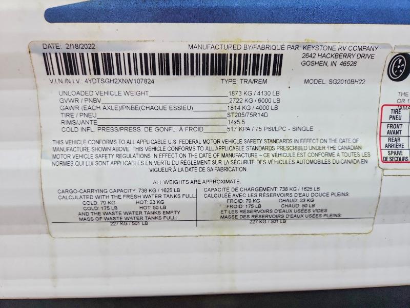 Продаж на аукціоні авто 2022 Keystone Springdale Mini 2010, vin: 4YDTSGH2XNW107824, номер лоту: 64318756
