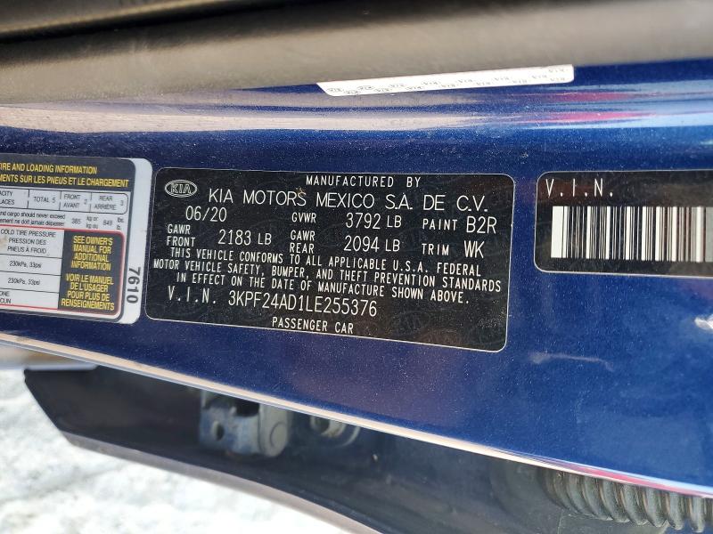 2020 Kia Forte მანქანა იყიდება აუქციონზე, vin: 3KPF24AD1LE255376, აუქციონის ნომერი: 65007066