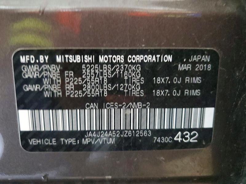 2018 Mitsubishi Outlander მანქანა იყიდება აუქციონზე, vin: JA4J24A52JZ612563, აუქციონის ნომერი: 65094836