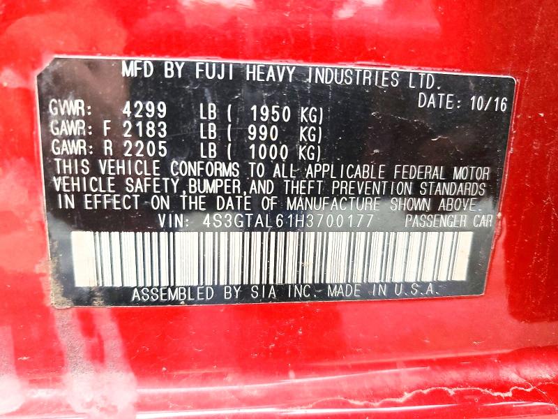 2017 Subaru Impreza მანქანა იყიდება აუქციონზე, vin: 4S3GTAL61H3700177, აუქციონის ნომერი: 64263146