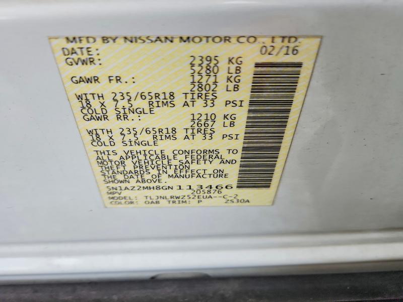 Продажа на аукционе авто 2016 Nissan Murano, vin: 5N1AZ2MH8GN113466, номер лота: 65141006