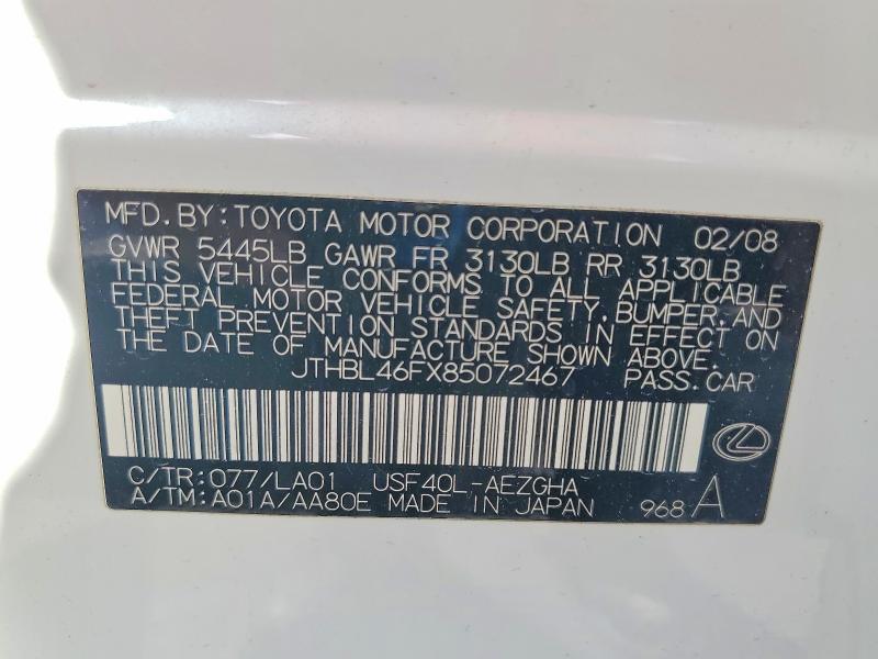 65172896 :رقم المزاد ، JTHBL46FX85072467 vin ، 2008 Lexus Ls مزاد بيع